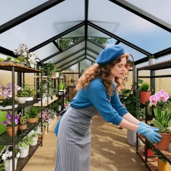 8x10 FT Aluminum Large Walk-in Green House Polycarbonate Greenhouse with Roof Vent Ground Nails Lockable Push Door image {2}