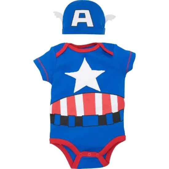 Marvel Avengers Captain America Spider-Man Thor Hulk Cosplay Short Sleeve Baby Bodysuit and Hat Newborn to Infant image {7}