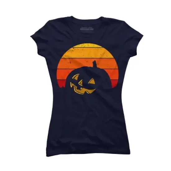 Junior's Design By Humans Vintage Retro Sunset Halloween Pumpkin I By lemonpepper T-Shirt image {4}