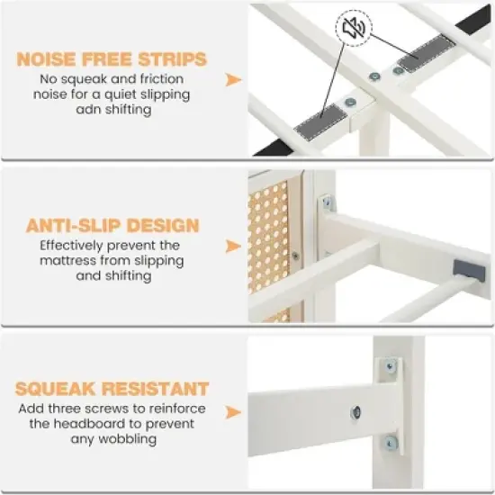 Whizmax Rattan Bed Frame with Led Light Headboard, Bohemian Style Cane Boho Bed Frames with Heavy Duty Steel Slat Support, No Box Spring Needed, White image {6}