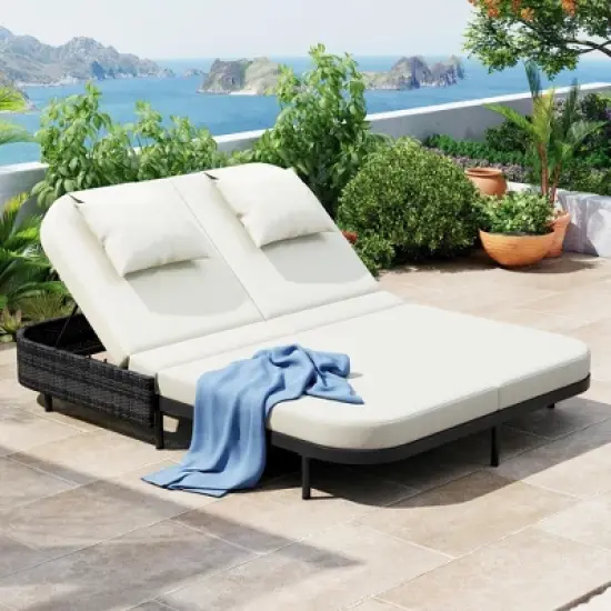 Outdoor Daybed Sunbed, Patio Rattan Loveseat Chaise Lounge with Adjustable Backrest and Cushions for Garden, Backyard -ModernLuxe image {13}