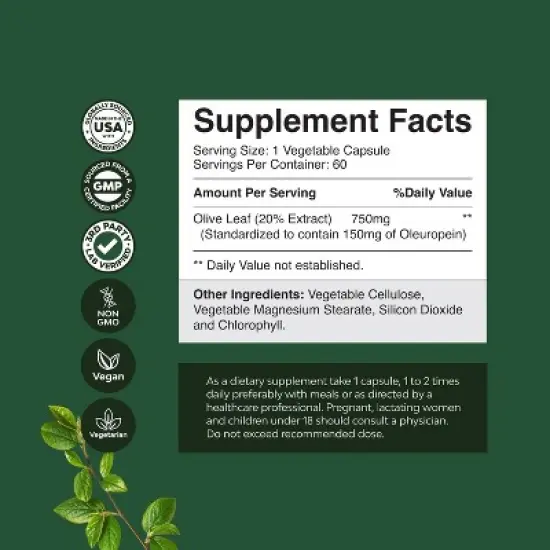 Olive Leaf Extract Capsules, High Strength Antioxidant Supplement with Pure Olive Leaf with 20% Oleuropein for Heart Health, Nature's Craft, 60ct image {2}