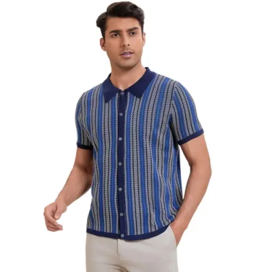 INSPIRE CHIC Men's Striped Knitted Summer Short Sleeves Button Down Jacquard Polo Shirts image {1}