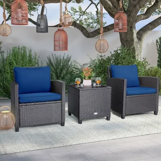 Costway 3PCS Patio Wicker Furniture Set with Beige & Navy Cushion Covers Balcony image {4}