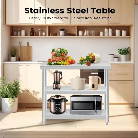 Stainless Steel Work Table with Lockable Casters,  3-Tier Commercial Kitchen Prep Table, Metal Utility Table image {4}