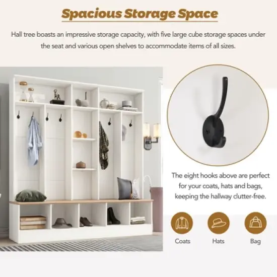 Hall Tree with Storage Bench, Multifunctional Coat Rack and 8 Entrance Hooks - ModernLuxe image {7}