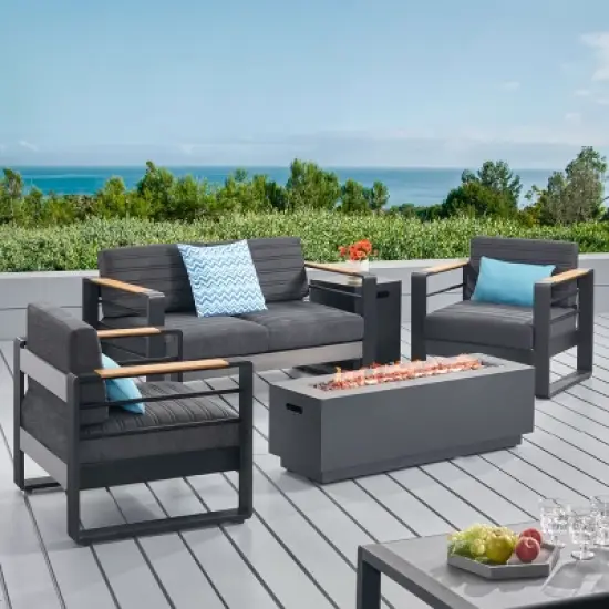 Christopher Knight Home Ostrander 4-Seater Outdoor Aluminum Chat Set with Fire Pit Table, Black/Dark Gray image {1}