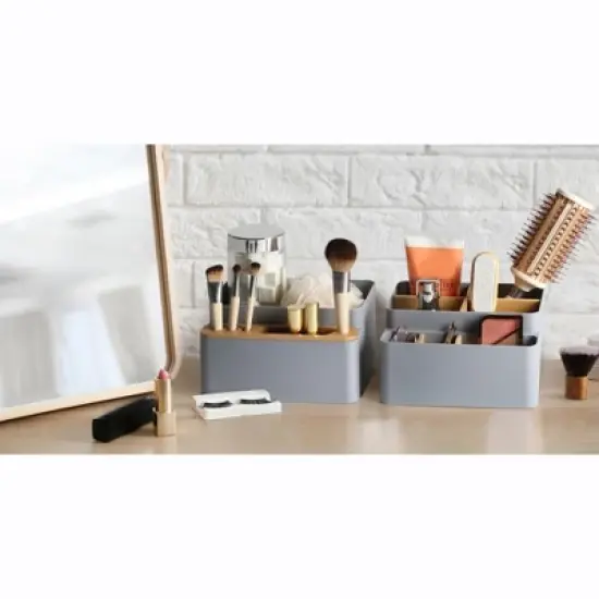 Seville Classics 2 Piece Bamboo Pen and Pencil Caddy Set with Drop-In Dividers, Gray image {5}