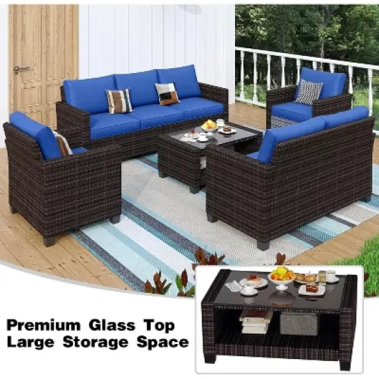 Acekool 8-Piece Outdoor Patio Conversation Set with Thick Cushions, Tempered Glass Coffee Table, and Storage for Garden, Porch & Backyard image {2}