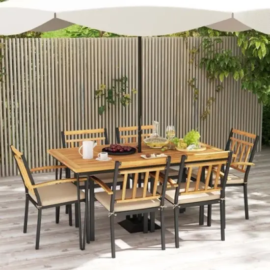 Costway 7 PCS Patio Dining Set with Acacia Wood Dining Table Rattan Armchairs Soft Cushions image {7}