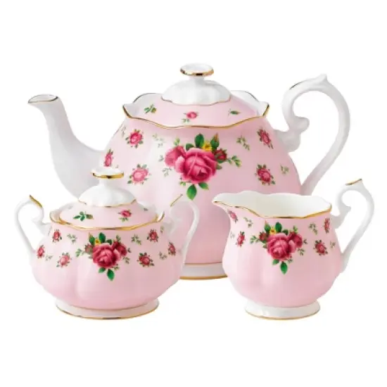 New Country Roses Pink Teapot, Sugar, Cream, 3 Piece Set image {1}