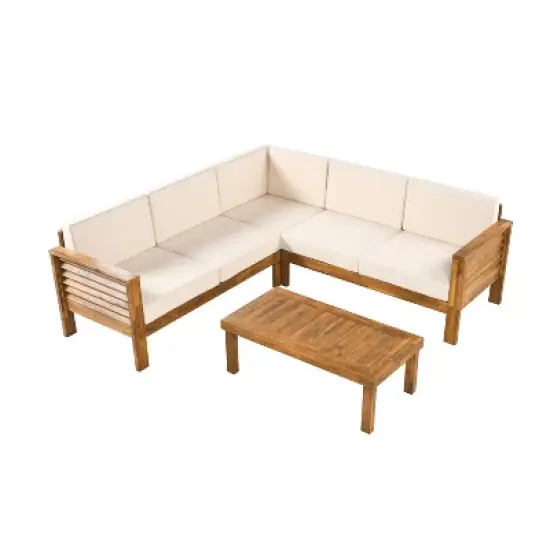 Christopher Knight Home Percy Patio Acacia Wood L Shape Upholstered 5-Seater Sectional Sofa Set with Coffee Table image {1}