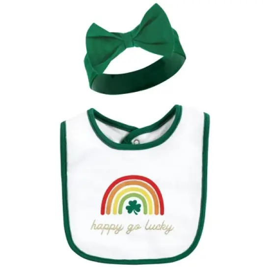 Hudson Baby Infant Girl Cotton Bib and Headband or Caps Set, St Patricks Rainbow, 0-9 Months image {2}