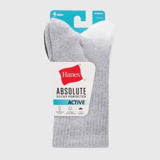 Hanes Women's Absolute Active 4pk Crew Socks - White/Gray 5-9: Cotton Blend, Arch Support, Cushioned Sole, Seamless Toe image {2}