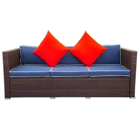 3pc Wicker Patio Sectional Seating Set with Cushions - Brown/Blue - GODEER image {6}