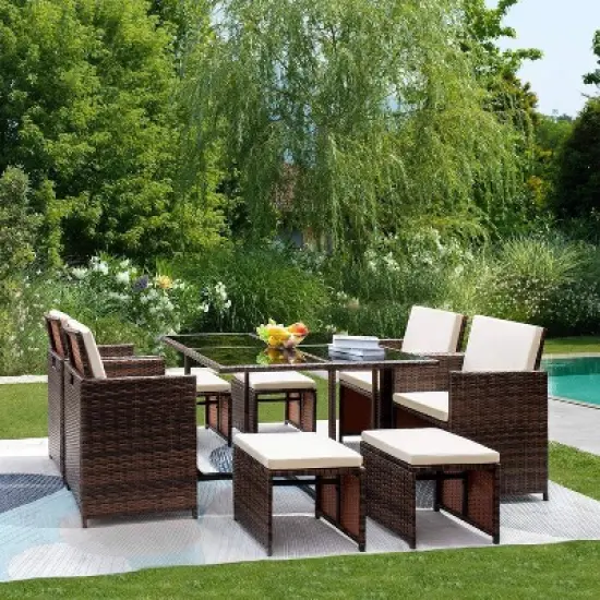 9pc Outdoor Conversation Set with Tempered Glass Table, Cushioned Chairs & Ottomans - Devoko image {3}