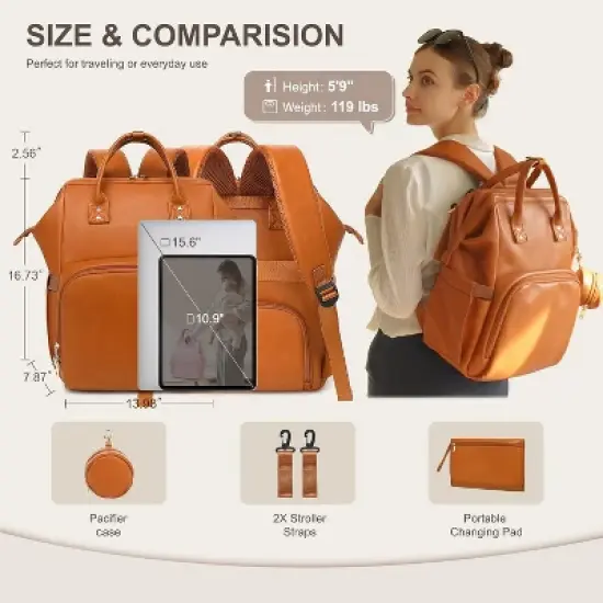 Itopfox Vegan Leather Diaper Backpack with Waterproof Changing Pad, Reinforced Stitching & Zippers, Ergonomic Design for Traveling Moms, Brown image {3}