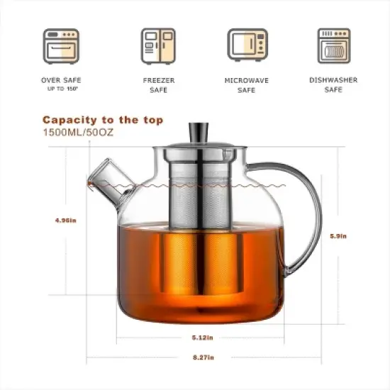 Itopfox Glass Teapot with Removable Infuser, Stovetop Safe Large Tea Pot for Blooming & Loose Leaf, Hand Crafted Kettle with Stainless Steel Strainer image {5}