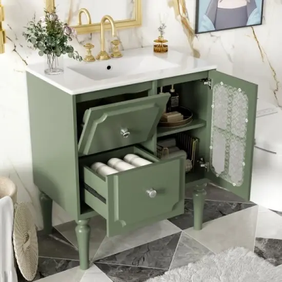 30'' Retro-Style Bathroom Vanity with Ceramic Sink, Freestanding Storage Cabinet with 2 Soft-Closing Drawers & Door, Green -ModernLuxe image {1}