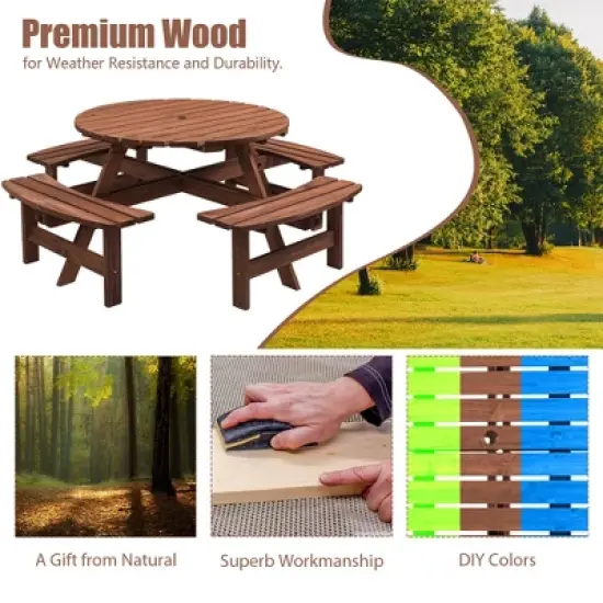 GDFStudio Laurel Outdoor 8-Person Wooden Round Picnic Table with 4 Built-in Benches and Umbrella Hole image {5}