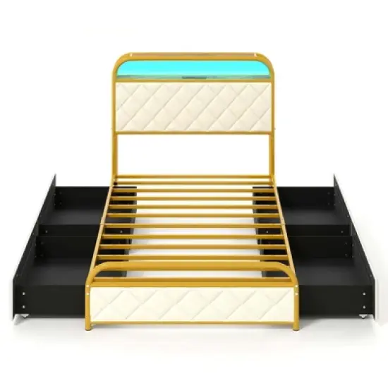 Costway Twin/Full/Queen Size Bed Frame with LED Lights & Charging Station Storage Headboard & Drawers Golden image {1}