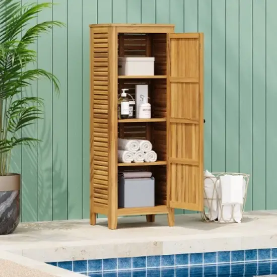 62'' Tall Acacia Wood Outdoor Storage Cabinet with Slatted Doors and Adjustable Shelves for Garden Tools or Poolside Use-Cuddlewood image {7}