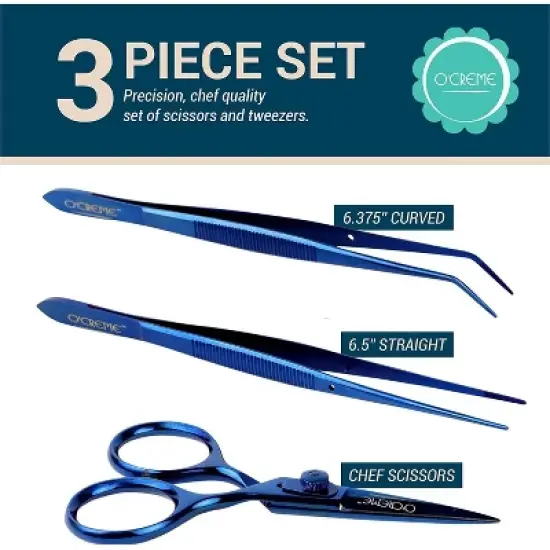 O'Creme Stainless Steel Precision Kitchen Culinary  Fine-Tip Tweezer Tongs Set, Total 3 Pieces (Blue) image {1}