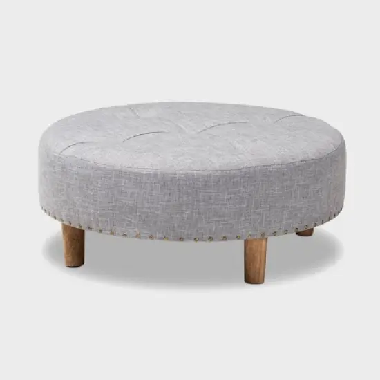 Baxton Studio Vinet Natural Wood Cocktail Ottoman Gray: Modern Upholstered Round Coffee Table, 250lb Capacity image {4}