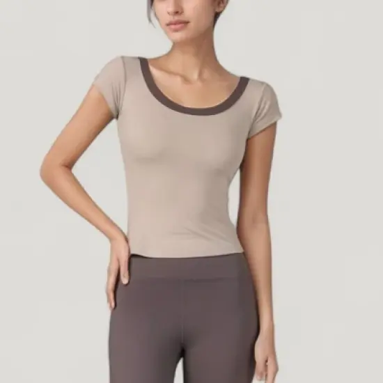 Anna-Kaci Active Women's Scoop Neck Contrast Trim Fitted Short Sleeve Active Top image {9}