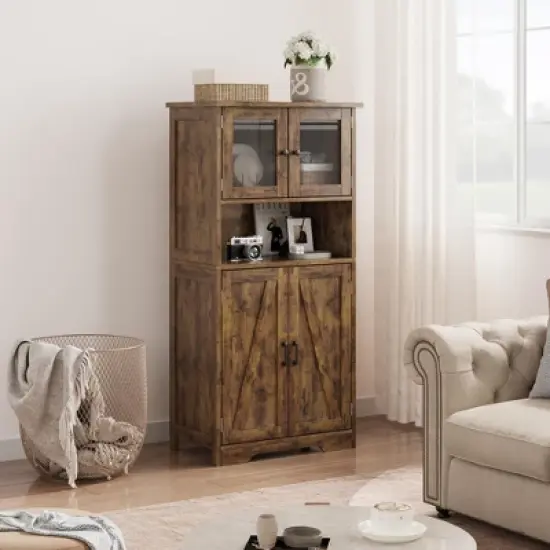 Homhougo 54in Tall Farmhouse Freestanding Kitchen Pantry Cabinet with Glass Doors and Adjustable Shelves Cupboard, Floor Cabinet Brown image {8}