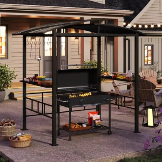 Costway 8' X 5' Hardtop Grill Gazebo with  Vented Polycarbonate Roof Side Shelves Hooks image {4}