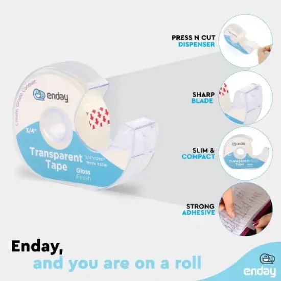 Enday Tape Dispenser with Clear Glossy Transparent Tape &ndash; Adhesive Mounting Tape Roll for School, Office, Gift Wrapping & General Use image {2}