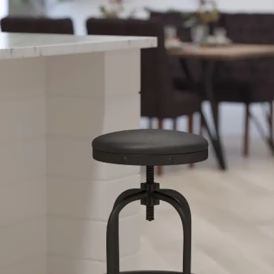 Merrick Lane Barstool Contemporary Black Faux Leather Backless Stool with Swivel Seat Height Adjustment and Footrest image {6}