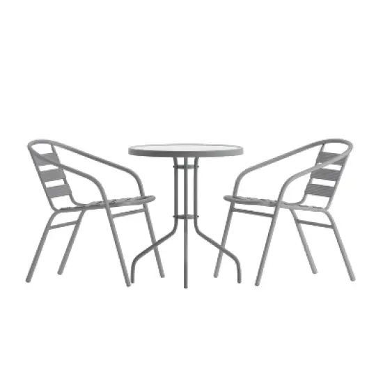 Emma and Oliver 23.75'' Round Glass Top Metal Table with 2 Aluminum Slat Stack Chairs image {12}