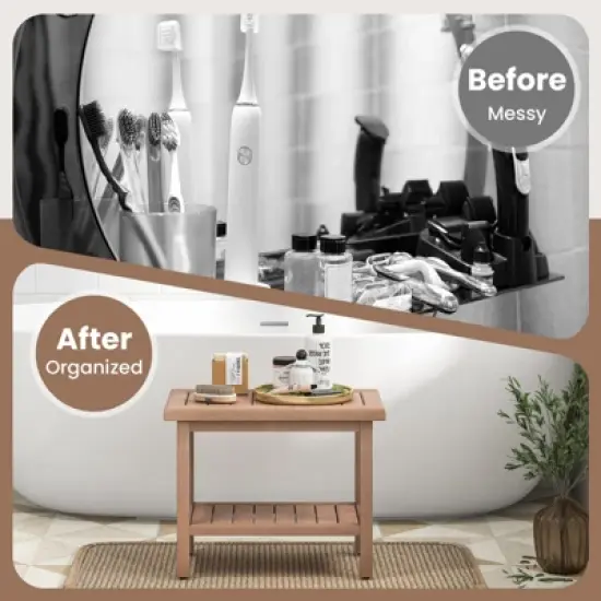 Costway 21'' Indonesia Teak Wood Shower Bench 2-Tier Waterproof Bath Spa Stool with Storage Shelf image {4}