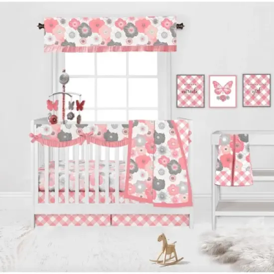 Bacati - Watercolor Floral Coral Gray Long Side Crib Rail Guard Cover image {4}