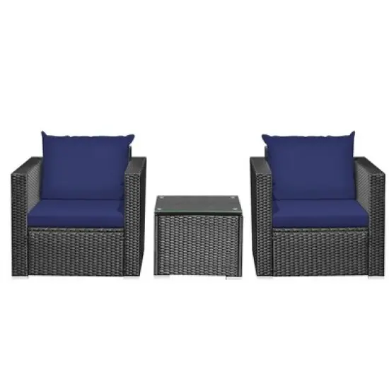 Tangkula 3PCS Rattan Patio Conversation Furniture Set Outdoor w/ Navy Cushions image {10}