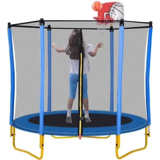 Jump Into Fun 65IN 5.5FT Outdoor & Indoor Mini Toddler Trampoline With Basketball Hoop, Safety Enclosure Net Birthday Gifts for Boys & Girls image {7}