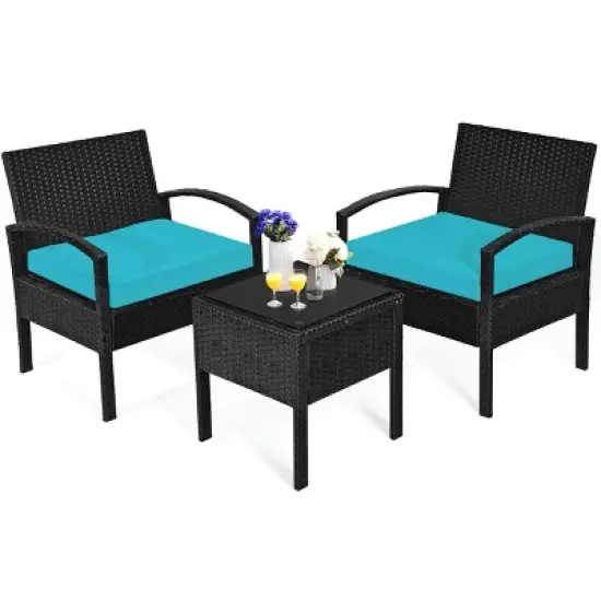 Tangkula 3 Pieces Patio Set Outdoor Wicker Rattan Furniture w/ Cushions Turquoise image {2}