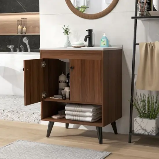 Tangkula 25 Inch Wooden Bathroom Vanity Sink Combo with Open Shelf & Sink & Pop Up Drain image {3}