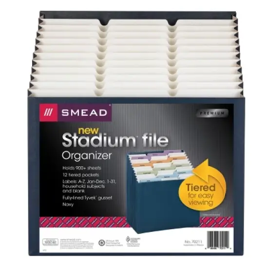 Smead Expanding 12-Pocket Stadium File, 12.75" x 13.75" x up to 11.75", Navy image {6}
