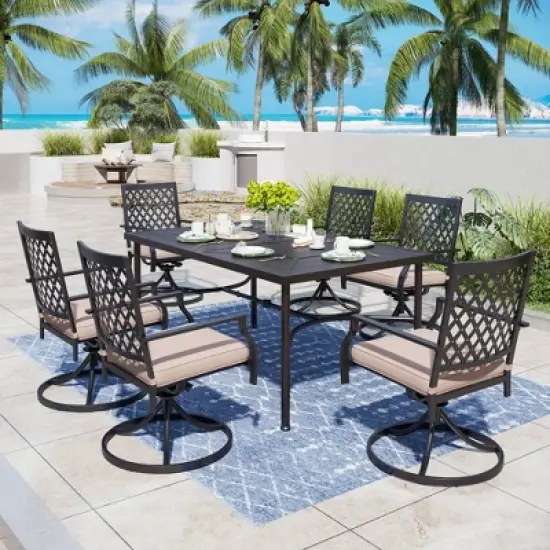 Captiva Designs 7pc Patio Dining Geometric Pattern Rectangular Steel Table & Mesh Back Metal Arm Chairs image {13}