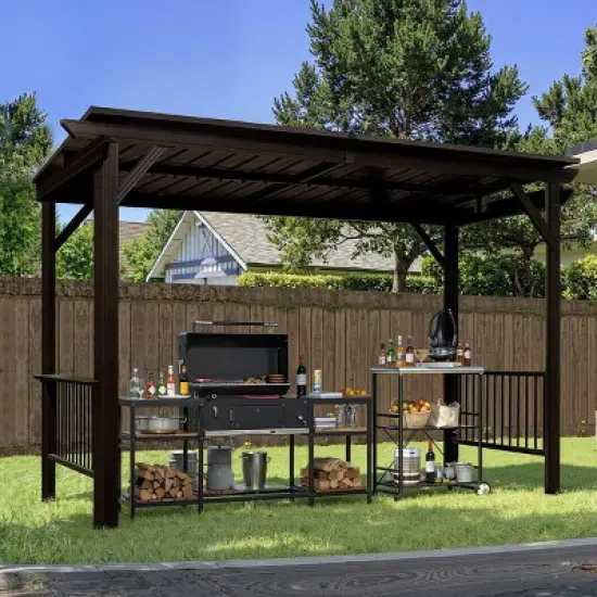 6*12 FT Hardtop Grill Gazebo,Outdoor Metal BBQ Gazebo with 2 Side Shelves and Sloping Steel Roof,Metal Grill Canopy with Ceiling Hook-Coolbibila image {7}