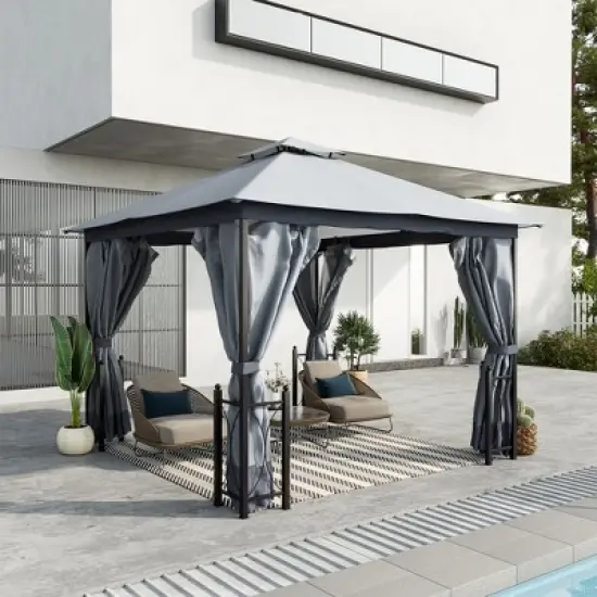 Outsunny 13' x 11' Patio Gazebo Canopy Garden Tent Sun Shade, Outdoor Shelter with 2 Tier Roof, Netting and Curtains, Steel Frame for Patio, Backyard, Garden image {2}
