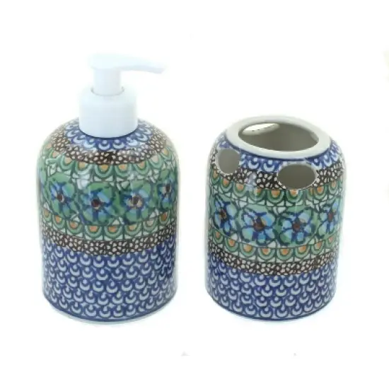 Blue Rose Polish Pottery 573 Ceramika Artystyczna Soap Dispenser & Toothbrush Holder image {6}