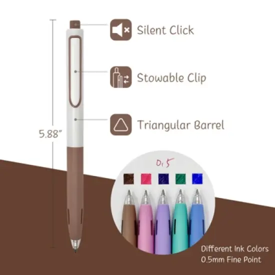 Wrapables Whisper Motion Silent Retractable Gel Pen Set (5 Pack), 0.5mm Fine Point, for Home, Office, Work image {10}