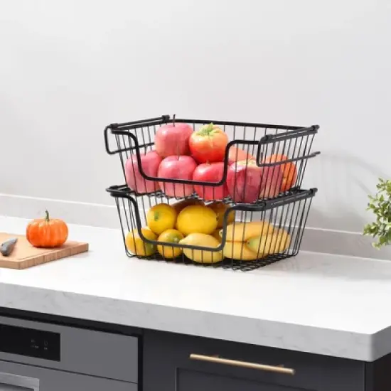 Oceanstar Stackable Metal Wire Storage Basket Set for Pantry, Countertop, Kitchen or Bathroom &ndash; Black, Set of 2 image {6}