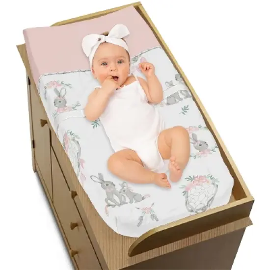 Sweet Jojo Designs Girl Changing Pad Cover Bunny Floral Pink Grey and White image {1}
