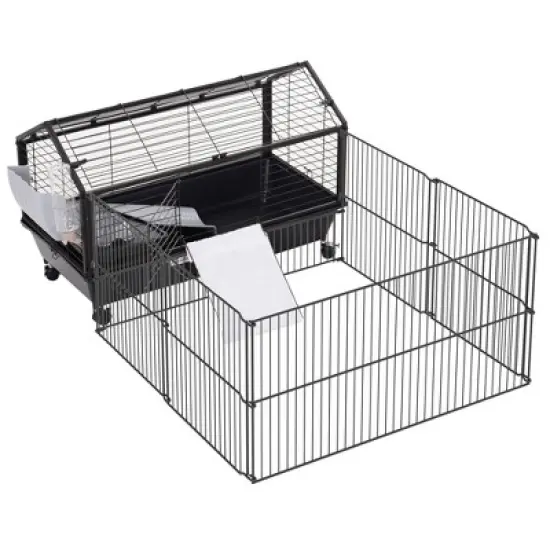PawHut Small Animal Cage Bunny Playpen with Main House and Run for Rabbit, Guinea Pigs, Chinchilla for Indoor and Outdoor image {3}