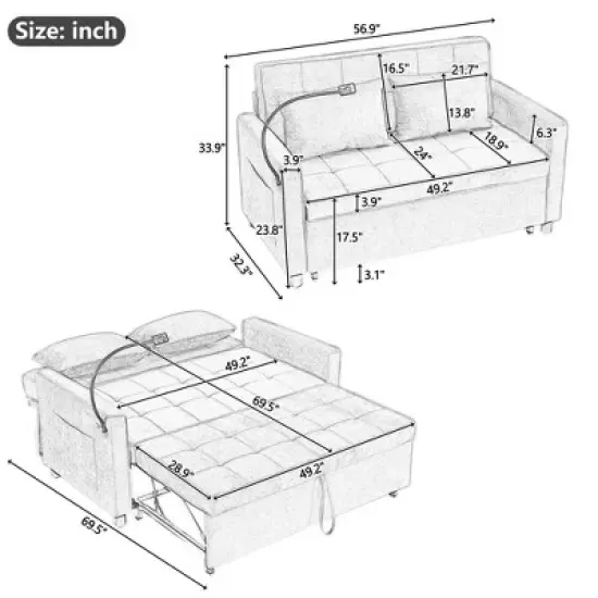 56.9"W Loveseat Sofa, Pull-Out Sleeper Sofa Bed with Adjustable Backrest, Side Pockets, Two USB Ports and A Phone Holder - ModernLuxe image {2}